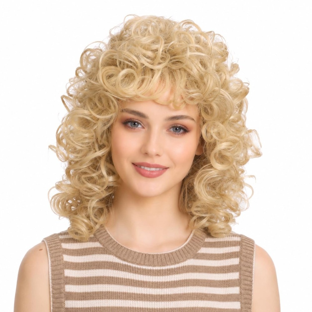 NWT ColorGround Curly Blonde 80s Rocker Wig Women Retro Halloween Costume